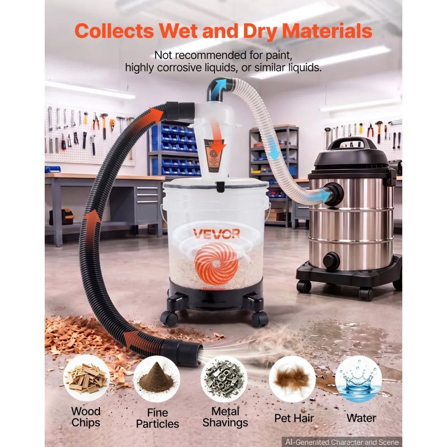 VEVOR Cyclone Dust Separator Kit, 19 L Bucket 50.8 mm O.D. Dust Collector, for Woodworking and Shop Wet/Dry Vacuums, with 90 cm PU Connection Hose, Elbow Adapter, Portable Casters, Translucent PP