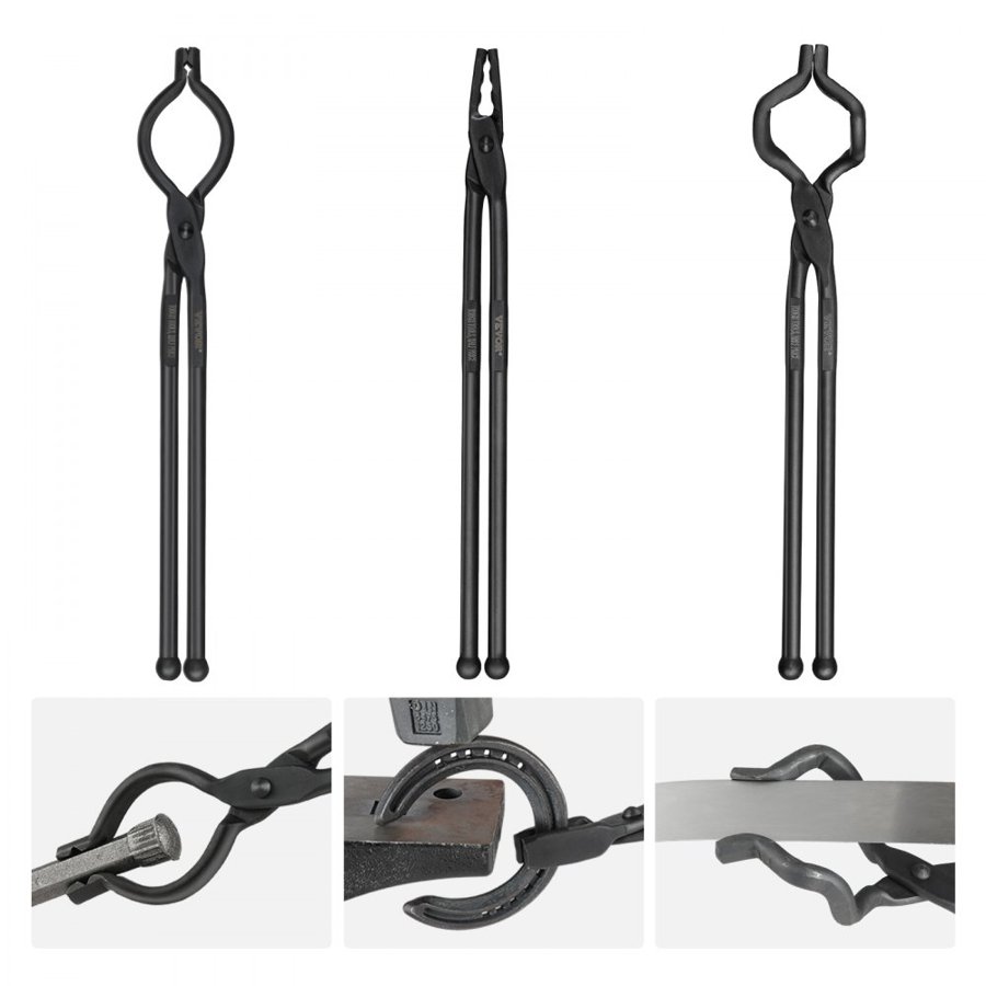 VEVOR Blacksmith Tongs, 45.7 cm 3 PCS, V-Bit Bolt Tongs, Wolf Jaw Tongs and Z V-Bit Tongs, Carbon Steel Forge Tongs with A3 Steel Rivets, for Beginner and Seasoned Blacksmiths, Bladesmiths and Craftsmen
