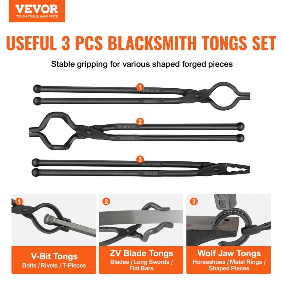 VEVOR Blacksmith Tongs, 45.7 cm 3 PCS, V-Bit Bolt Tongs, Wolf Jaw Tongs and Z V-Bit Tongs, Carbon Steel Forge Tongs with A3 Steel Rivets, for Beginner and Seasoned Blacksmiths, Bladesmiths and Craftsmen
