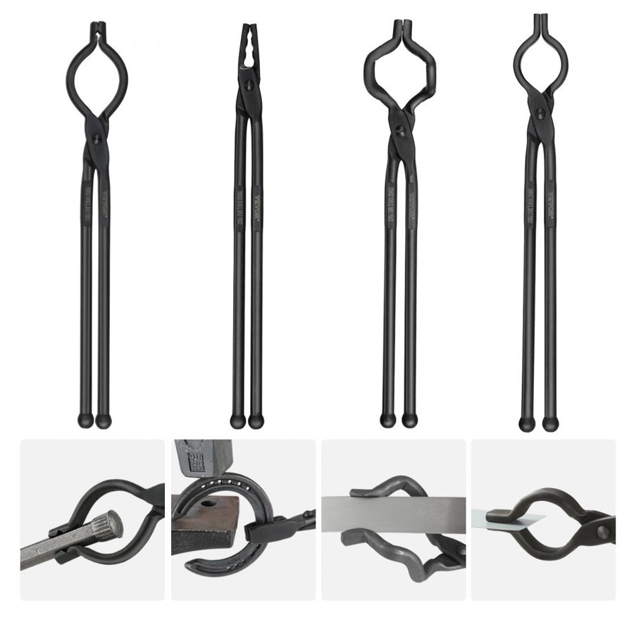 VEVOR Blacksmith Tongs, 45.7 cm 4 PCS, V-Bit Bolt Tongs, Wolf Jaw Tongs, Z V-Bit Tongs and Gripping Tongs, Carbon Steel Forge Tongs with A3 Steel Rivets, for Beginner and Seasoned Blacksmiths, Bladesmiths