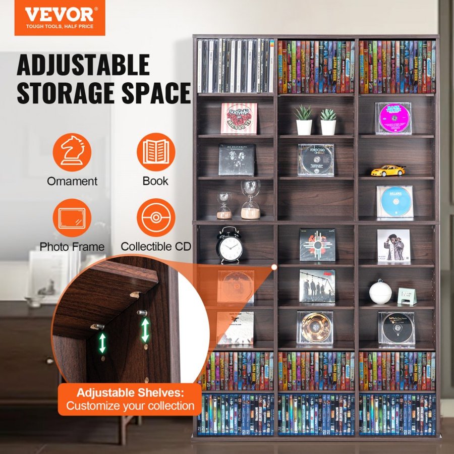 VEVOR Media Storage Cabinet, 9-layer DVD Shelf Holds up to 756 CDs, Adjustable CD Shelves 27 Compartments, Protects & Organizes Music, Movie, Video Games or Memorabilia Collections, Espresso