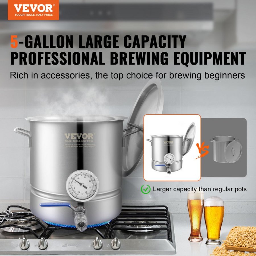 VEVOR Stainless Steel Kettle, 18.9 L Brewing Pot, Tri Ply Bottom for Beer, Brew Kettle Pot, Home Brewing Supplies Includes Lid, Handle, Thermometer, Ball Valve Spigot, Filter, Filter Tray
