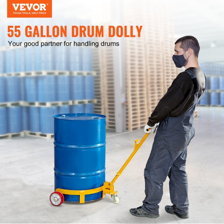 VEVOR 208.2 L Drum Dolly, 544.3 kg Load Capacity, Barrel Dolly Cart Drum Caddy Round Dolly Steel Low Profile, Heavy Duty Steel Frame with Adjustable Handle 3 Wheels, for Workshop Factory Warehouse