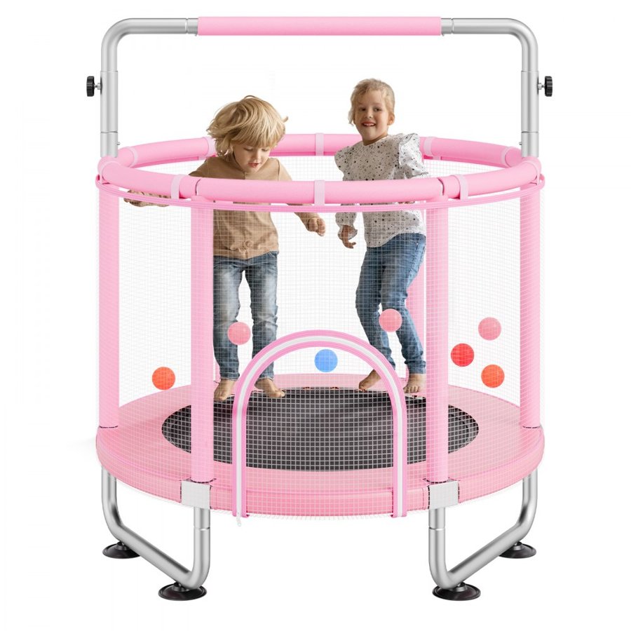 VEVOR 55" Kids Trampoline, 4.6FT Indoor Outdoor Trampoline, Mini Toddler Recreational Trampolinewith Safety Enclosure Net and Basketball Hoop, Birthday Gifts Christmas Toys for 3+ Years Children, Pink