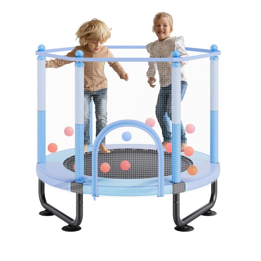 VEVOR 60" Kids Trampoline, 5FT Indoor Outdoor Trampoline, Mini Toddler Recreational Trampolinewith Safety Enclosure Net and Basketball Hoop, Birthday Gifts Christmas Toys for 3+ Years Children, Blue