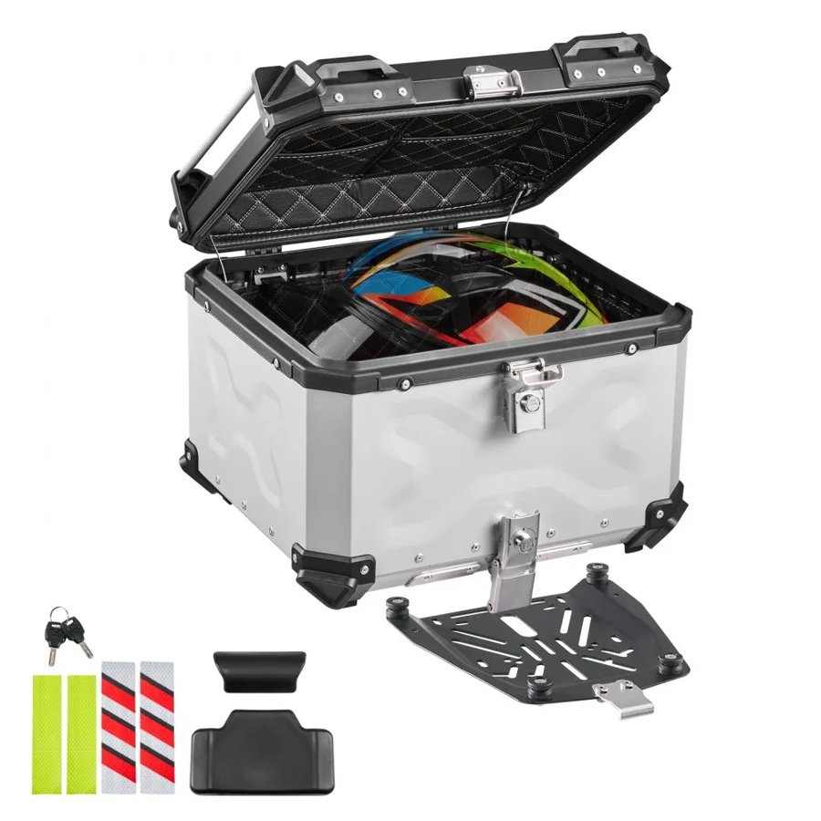 VEVOR Motorcycle Top Case 55L Universal Aluminum Hard Motorcycle Tail Case, Waterproof Detachable Motorbike Top Box with Security Lock & Leather Liner for Luggage Storage