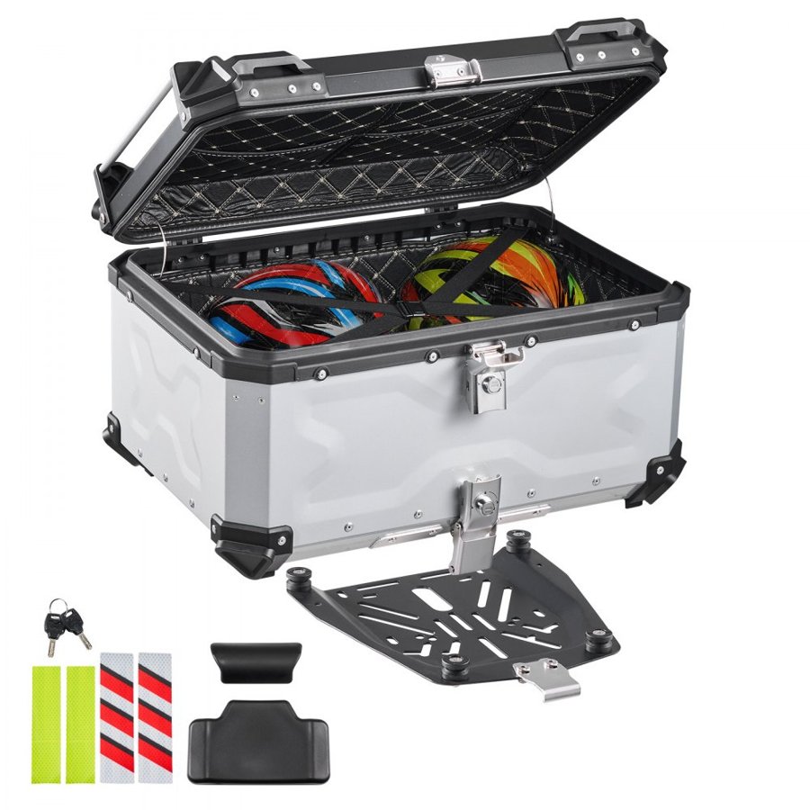 VEVOR Motorcycle Top Case, 65L Universal Aluminum Hard Motorcycle Tail Case, Waterproof Detachable Motorbike Top Box with Security Lock & Leather Liner for Helmets Storage
