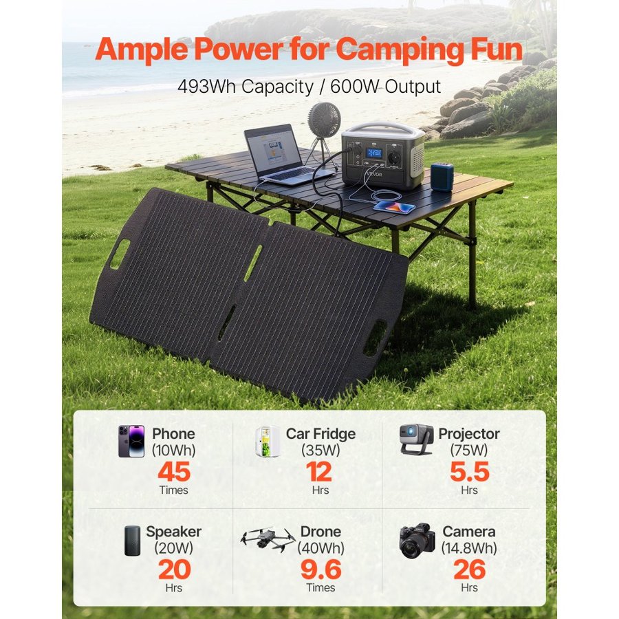 VEVOR 600W Portable Power Station with Solar Panel – 493Wh