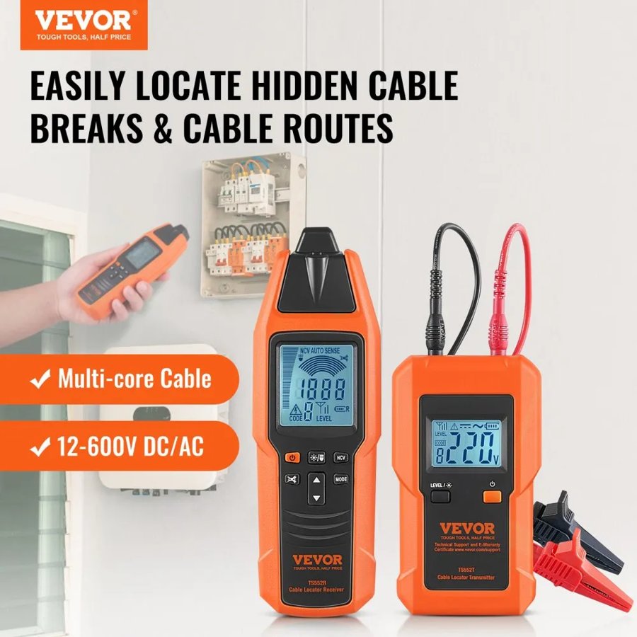 VEVOR Subterranean Wire Tracker, Up to 2.5m Detection Depth, Voltage Range 12-600V, Circuit and Line Break Locator, Extends to 6561 FT for Underground Pipes, Electric Fencing, Hidden Wires