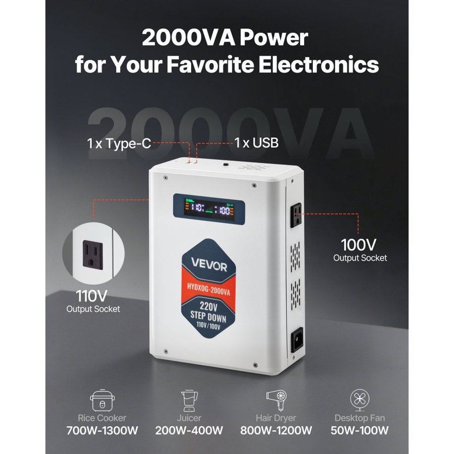 VEVOR Step Down Voltage Converter – 2000VA, 220V to 110V
