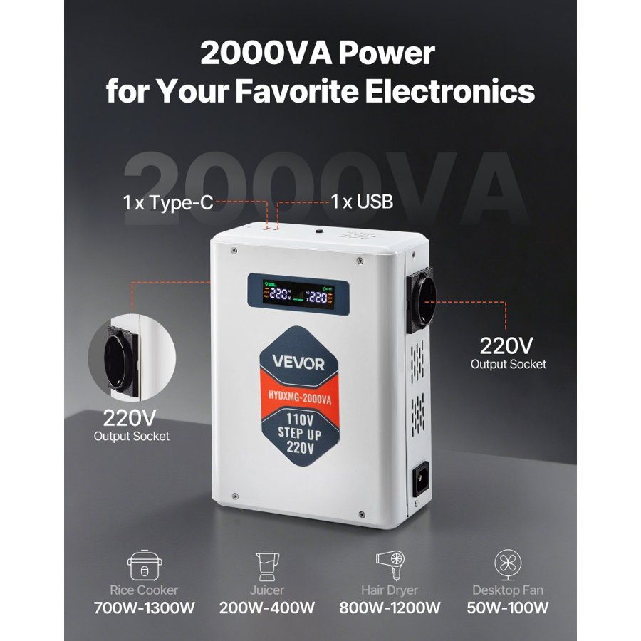 VEVOR Converter for 110V to 220V – 2000VA Step Up, 6 Tier