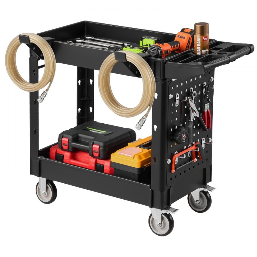 VEVOR Utility Cart, 250 kg Capacity, 2 Tier Service Cart with 360° Swivel & Fixed Wheels (2 with Brakes), Heavy Duty Plastic Rolling with Tray and Pegboard, Tool Storage for Garage Warehouse Workshop