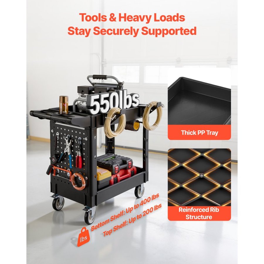VEVOR Utility Cart, 250 kg Capacity, 2 Tier Service Cart with 360° Swivel & Fixed Wheels (2 with Brakes), Heavy Duty Plastic Rolling with Tray and Pegboard, Tool Storage for Garage Warehouse Workshop