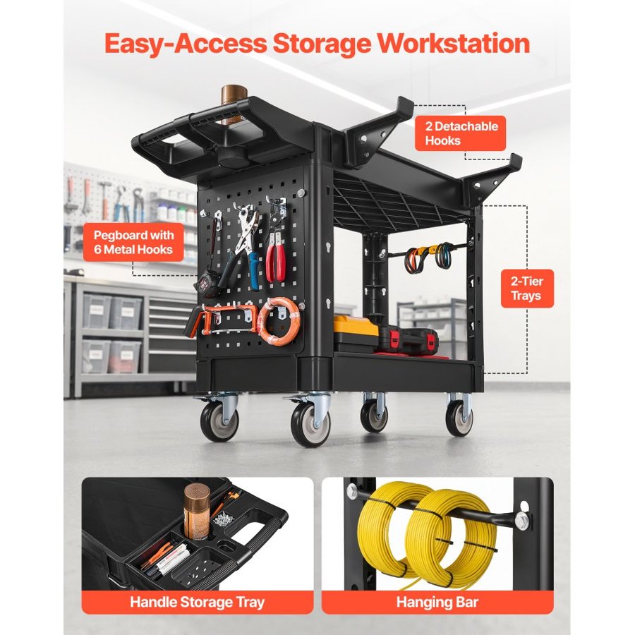 VEVOR Utility Cart, 250 kg Capacity, 2 Tier Service Cart with 360° Swivel & Fixed Wheels (2 with Brakes), Heavy Duty Plastic Rolling with Tray and Pegboard, Tool Storage for Garage Warehouse Workshop