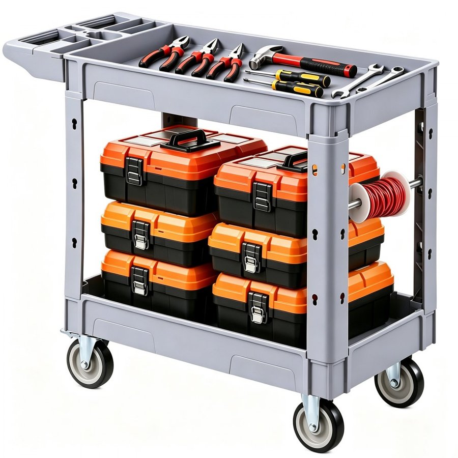 VEVOR Utility Cart, 250 kg Capacity, 2 Tier Service Cart with 360° Swivel and Fixed Wheels (2 with Brakes), Heavy Duty Plastic Rolling with Storage Tray, Tool Storage for Garage Warehouse Workshop