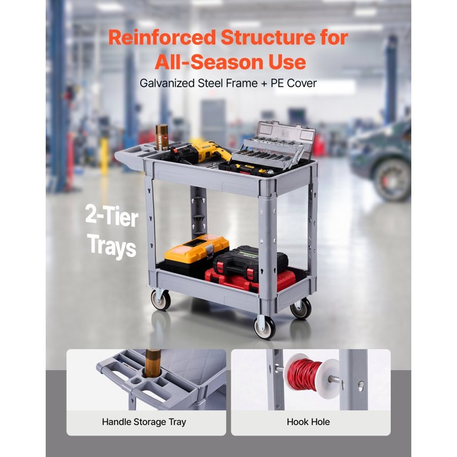 VEVOR Utility Cart, 250 kg Capacity, 2 Tier Service Cart with 360° Swivel and Fixed Wheels (2 with Brakes), Heavy Duty Plastic Rolling with Storage Tray, Tool Storage for Garage Warehouse Workshop