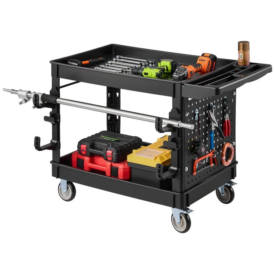 VEVOR Utility Cart, 250 kg Capacity, 2 Tier Service Cart with 360° Swivel & Fixed Wheels (2 with Brakes), Heavy Duty Plastic Rolling with Tray and Pegboard, Tool Storage for Garage Warehouse, Black
