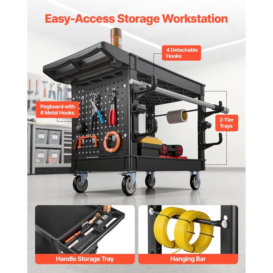 VEVOR Utility Cart, 250 kg Capacity, 2 Tier Service Cart with 360° Swivel & Fixed Wheels (2 with Brakes), Heavy Duty Plastic Rolling with Tray and Pegboard, Tool Storage for Garage Warehouse, Black