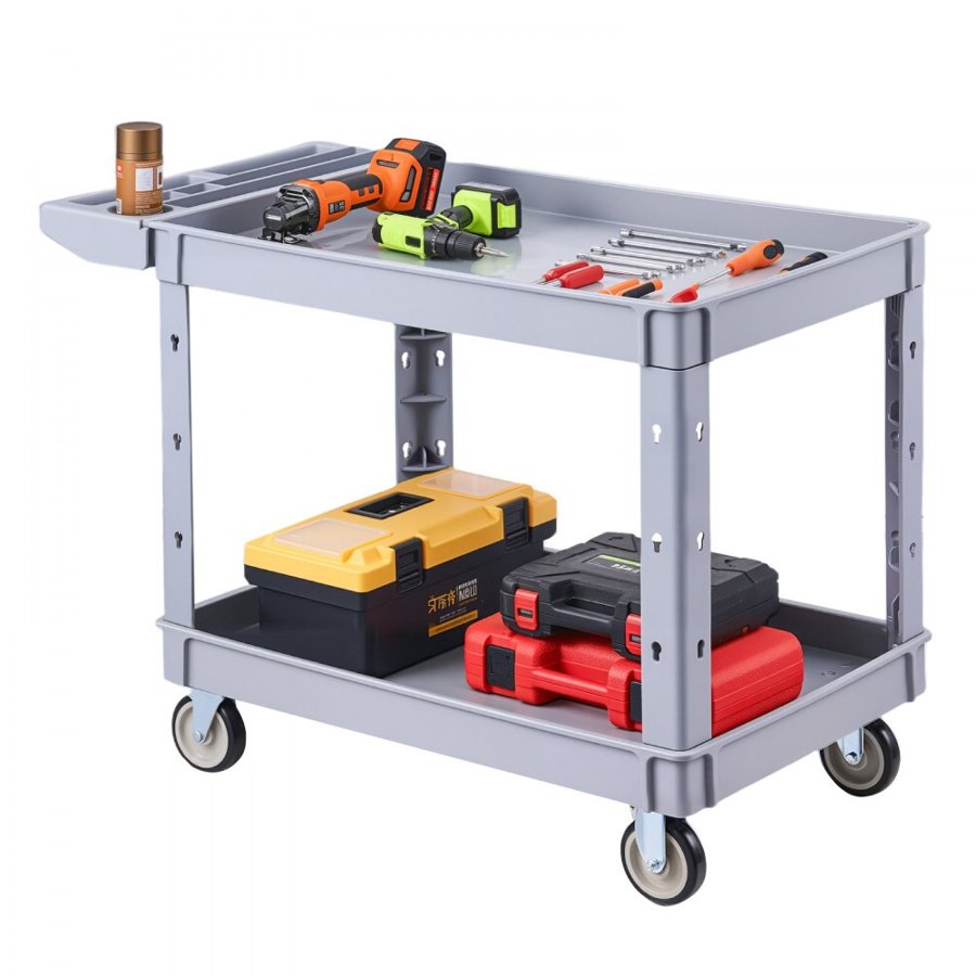 VEVOR Utility Cart, 250 kg Capacity, 2 Tier Service Cart with 360° Swivel & Fixed Wheels (2 with Brakes), Heavy Duty Plastic Rolling with Storage Tray, Tool Storage for Garage Warehouse Workshop, Gray