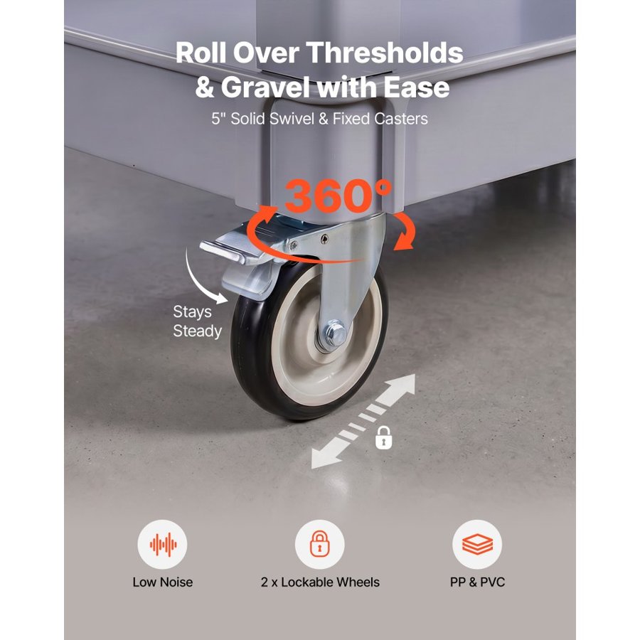 VEVOR Utility Cart, 250 kg Capacity, 2 Tier Service Cart with 360° Swivel & Fixed Wheels (2 with Brakes), Heavy Duty Plastic Rolling with Storage Tray, Tool Storage for Garage Warehouse Workshop, Gray