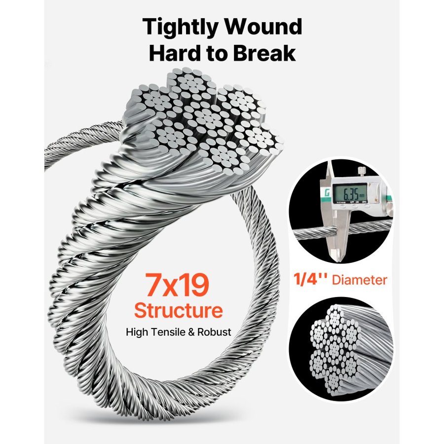 VEVOR 6.35 mm Wire Rope, 76.2 m Length, Zinc Galvanized Carbon Steel Cable with Gloves, 31.1 kN Breaking Strength, 7 x 19 Strands Construction, Wire Cable for Deck Railing System, Garden Trellis