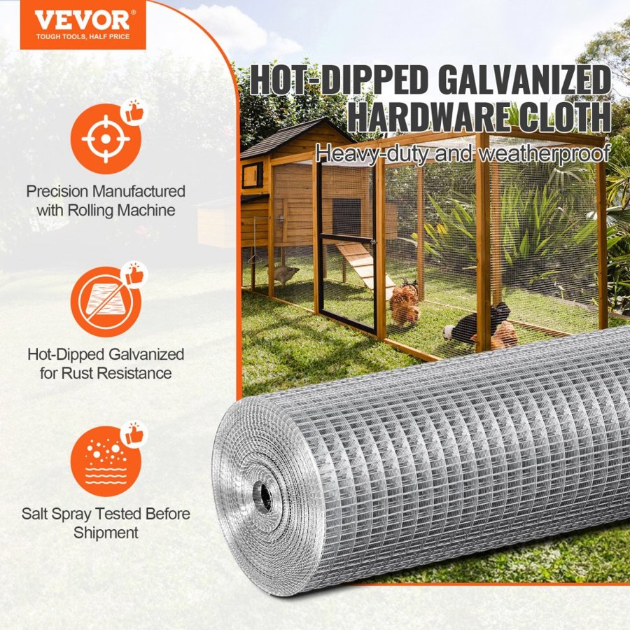 VEVOR Hardware Cloth 12.7 mm 610 mm x 7.62 m 19 Gauge Chicken Wire Fence, Hot-Dip Galvanized After Welding Metal Wire Mesh Roll, Garden Plant Welded Fencing Roll Supports Poultry Netting Cage Fence