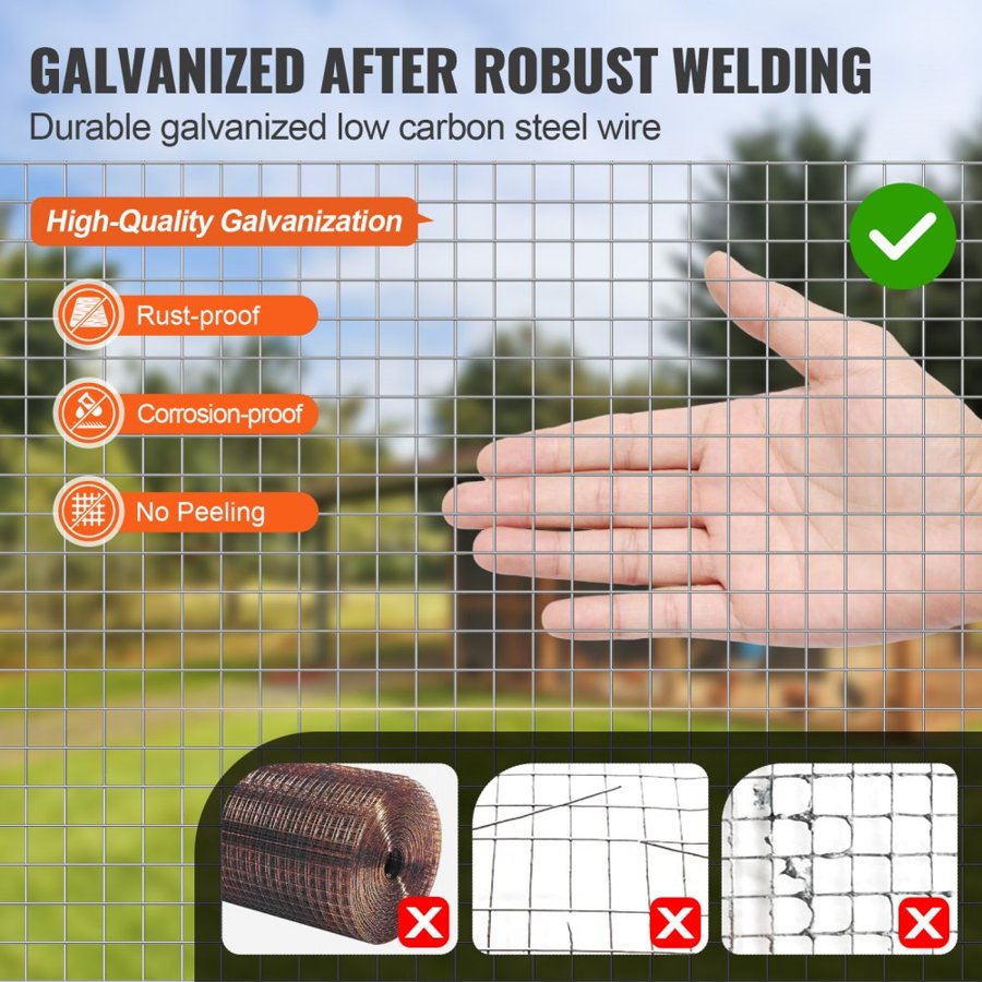 VEVOR Hardware Cloth 12.7 mm 610 mm x 7.62 m 19 Gauge Chicken Wire Fence, Hot-Dip Galvanized After Welding Metal Wire Mesh Roll, Garden Plant Welded Fencing Roll Supports Poultry Netting Cage Fence