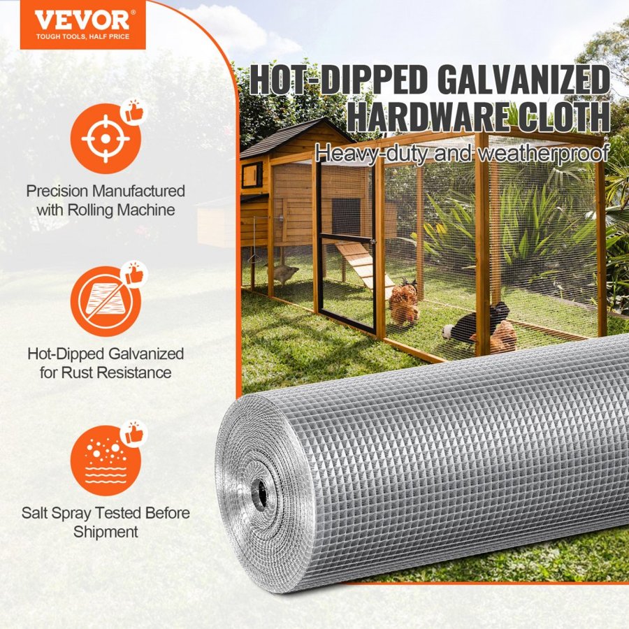 VEVOR Hardware Cloth 6.35 mm 915 mm x 15.24 m 23 Gauge Chicken Wire Fence, Hot-Dip Galvanized After Welding Metal Wire Mesh Roll, Garden Plant Welded Fencing Roll Supports Poultry Netting Cage Fence