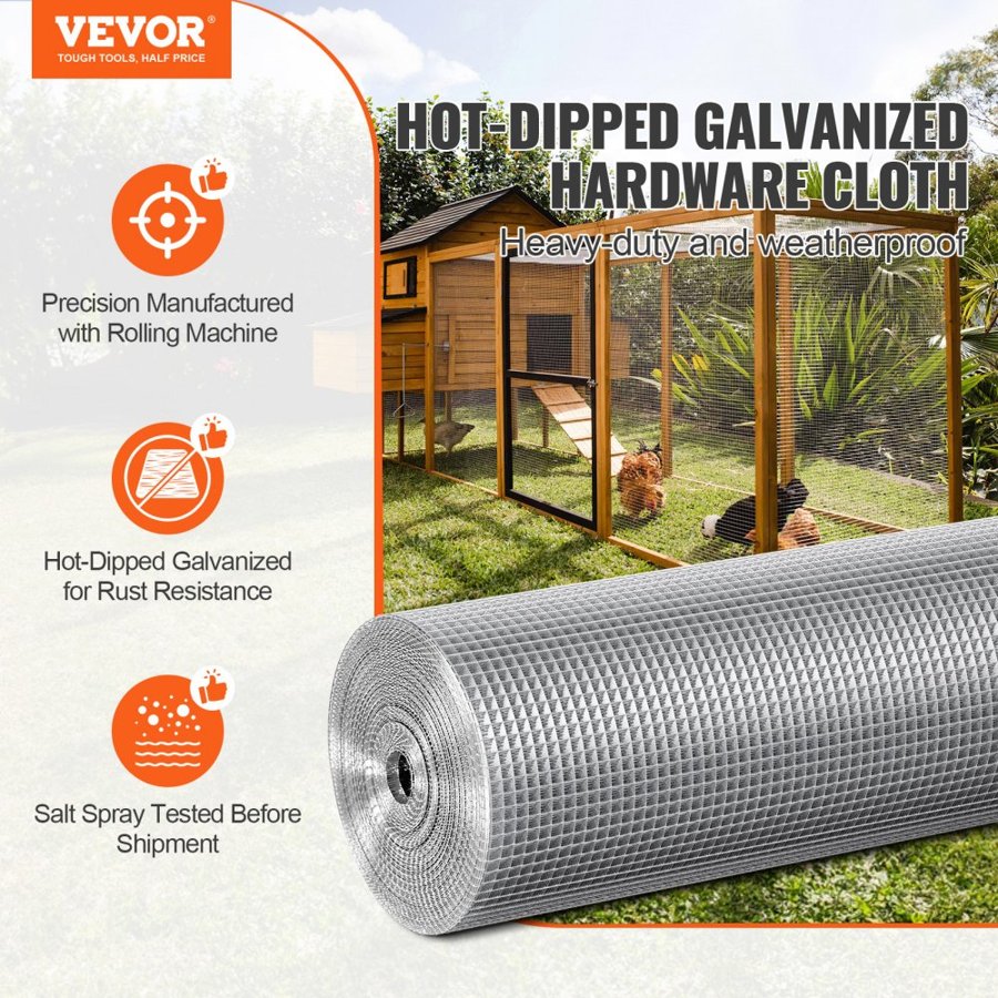 VEVOR Hardware Cloth 6.35 mm 1220 mm x 15.24 m 23 Gauge Chicken Wire Fence, Hot-Dip Galvanized After Welding Metal Wire Mesh Roll, Garden Plant Welded Fencing Roll Supports Poultry Netting Cage Fence