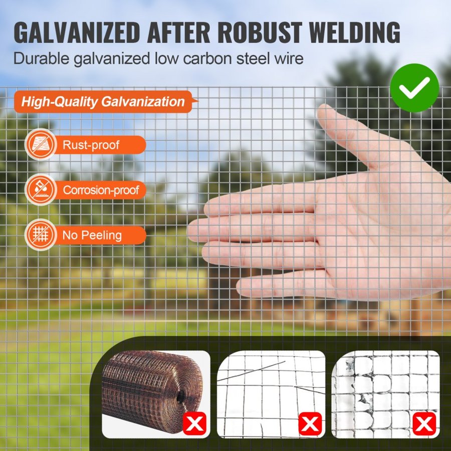 VEVOR Hardware Cloth 6.35 mm 1220 mm x 30.48 m 23 Gauge Chicken Wire Fence, Hot-Dip Galvanized After Welding Metal Wire Mesh Roll, Garden Plant Welded Fencing Roll Supports Poultry Netting Cage Fence