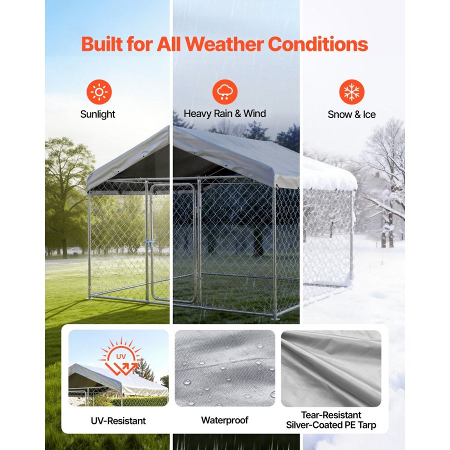 VEVOR Outdoor Dog Kennel, 2 x 2 x 1.6 m Large Dog Kennel with Secure Lock, Outside Dogs Enclosures with UV-Resistant & Waterproof Roof Cover, Heavy Duty Pet Crate Cage Run for Large Dogs