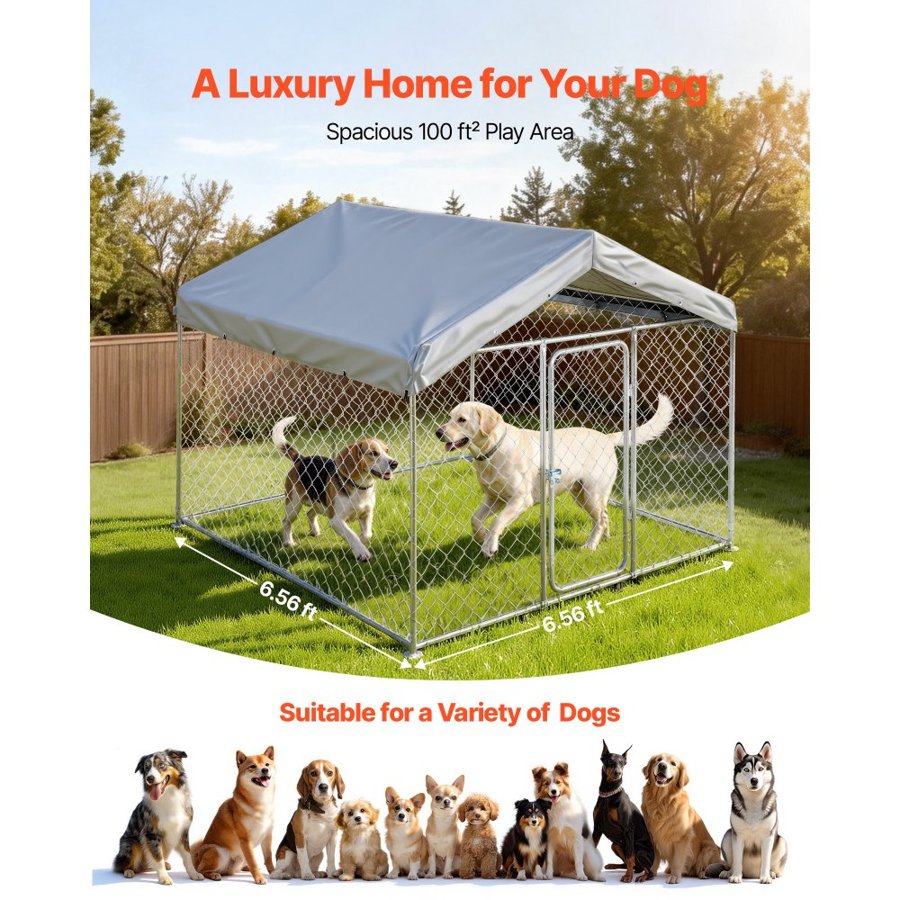 VEVOR Outdoor Dog Kennel, 2 x 2 x 1.6 m Large Dog Kennel with Secure Lock, Outside Dogs Enclosures with UV-Resistant & Waterproof Roof Cover, Heavy Duty Pet Crate Cage Run for Large Dogs