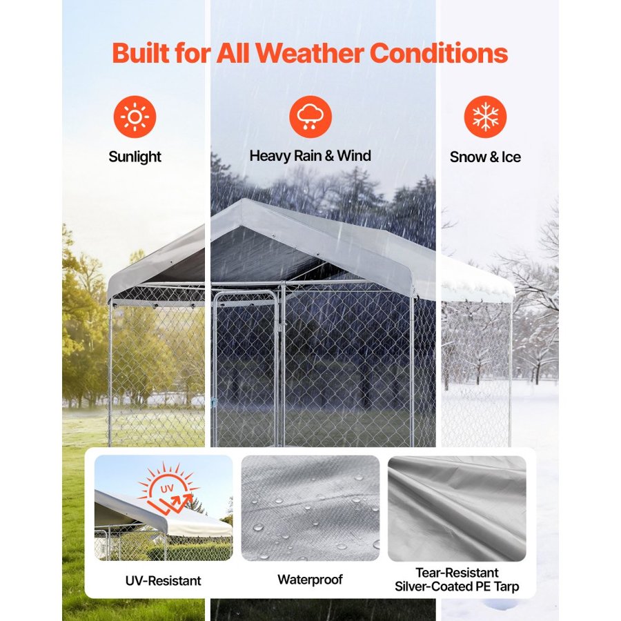 VEVOR Outdoor Dog Kennel, 2.3 x 2.3 x 2.15 m Large Dog Kennel with Secure Lock, Outside Dogs Enclosures with UV-Resistant & Waterproof Roof Cover, Heavy Duty Pet Crate Cage Run for Large Dogs