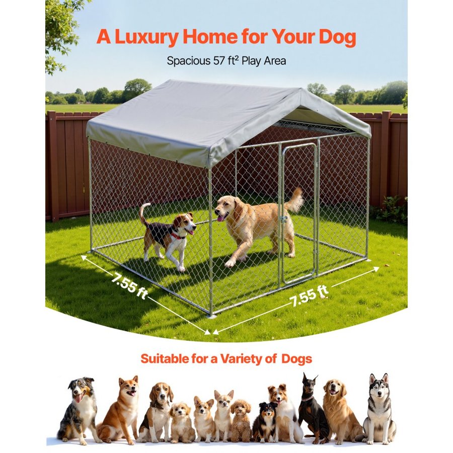 VEVOR Outdoor Dog Kennel, 2.3 x 2.3 x 2.15 m Large Dog Kennel with Secure Lock, Outside Dogs Enclosures with UV-Resistant & Waterproof Roof Cover, Heavy Duty Pet Crate Cage Run for Large Dogs