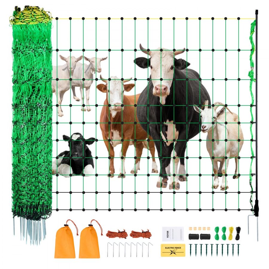 VEVOR Electric Fence Netting, 0.88 x 49.98 m, PE Net Fencing with Posts & Double-Spiked Stakes, Utility Portable Mesh for Goats, Sheep, Lambs, Deer, Hogs, Dogs, Used in Backyards, Farms, and Ranches