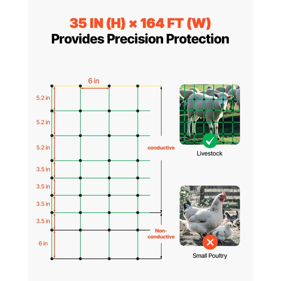 VEVOR Electric Fence Netting, 0.88 x 49.98 m, PE Net Fencing with Posts & Double-Spiked Stakes, Utility Portable Mesh for Goats, Sheep, Lambs, Deer, Hogs, Dogs, Used in Backyards, Farms, and Ranches