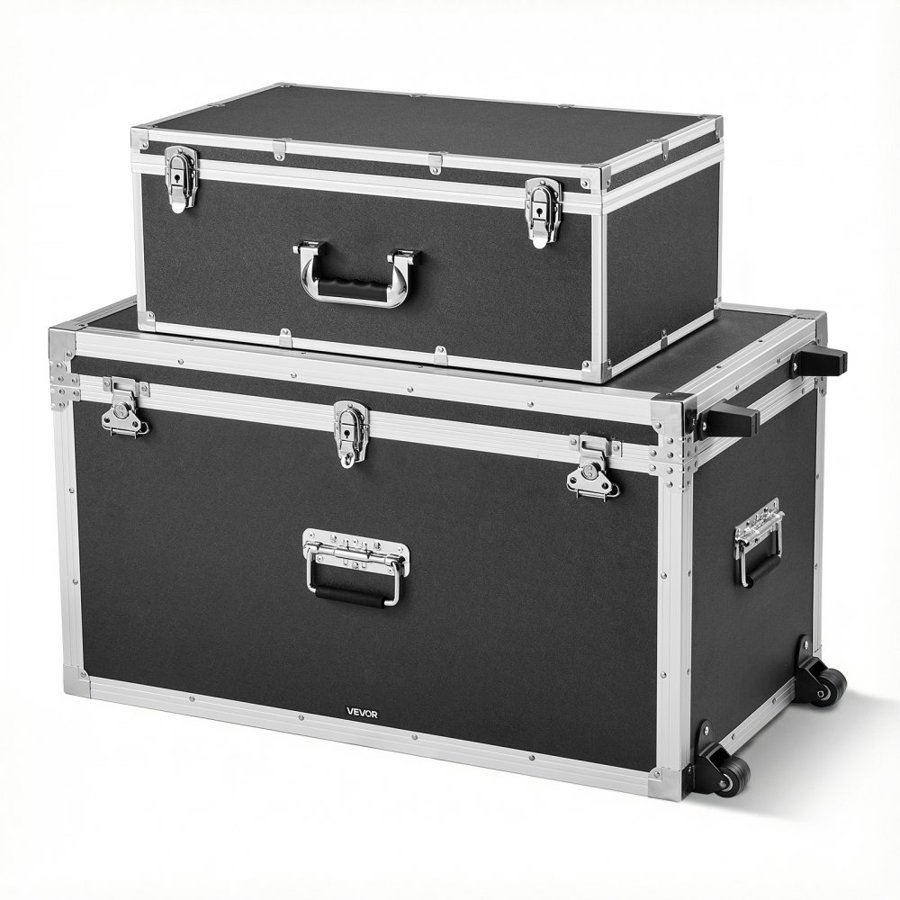VEVOR Metal Storage Trunk, Set of 2, Wooden Suitcase Storage Boxes with Padlocks, Large Trunk Includes Casters & 3 Metal Handles, Decorative Store Chest with Lids for Travel, Apartment, Dorm, Black
