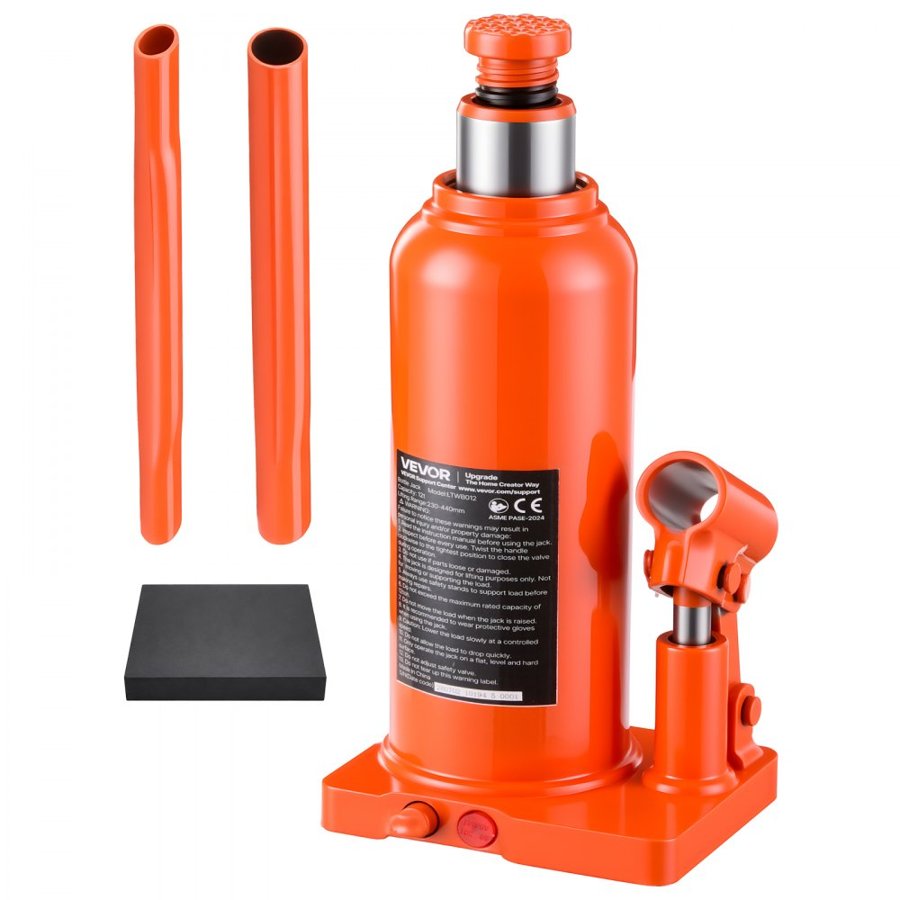 VEVOR Hydraulic Bottle Jack 12 Ton (26455.5 lbs) 230-440 mm Lifting Range, for Heavy-Duty Pickup Truck, Medium-Duty Truck, RV, Auto Repair, House Lift, Multi-Directional Welded Jack with Long Handle