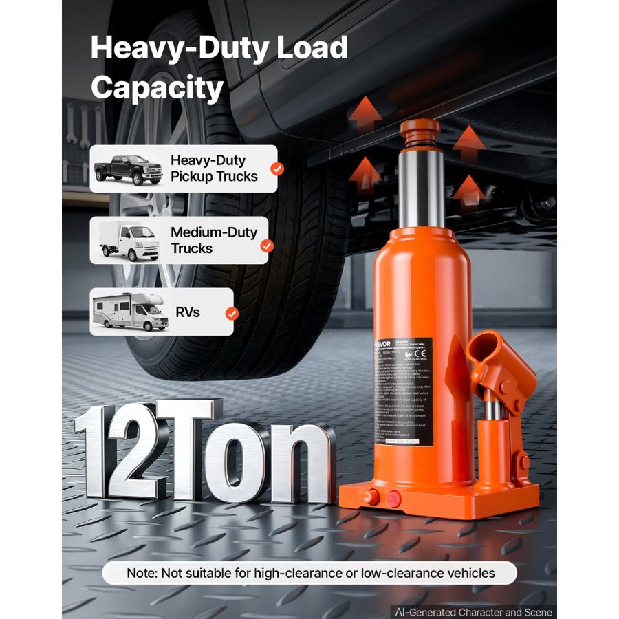 VEVOR Hydraulic Bottle Jack 12 Ton (26455.5 lbs) 230-440 mm Lifting Range, for Heavy-Duty Pickup Truck, Medium-Duty Truck, RV, Auto Repair, House Lift, Multi-Directional Welded Jack with Long Handle