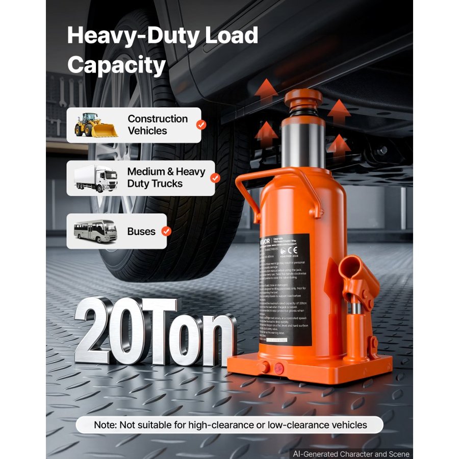 VEVOR Hydraulic Bottle Jack 20 Ton (44092.5 lbs) 245-465 mm Lifting Range, for Construction Vehicle, Heavy-Duty Truck, Bus, Auto Repair and House Lift, Multi-Directional Welded Jack with Long Handle
