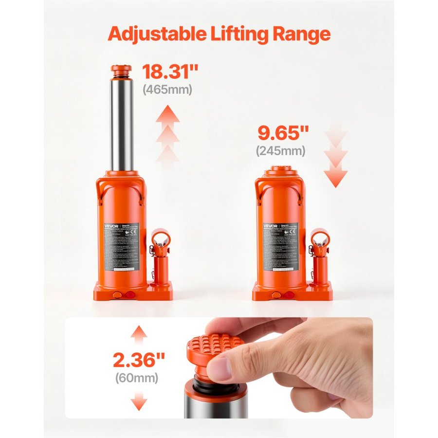 VEVOR Hydraulic Bottle Jack 20 Ton (44092.5 lbs) 245-465 mm Lifting Range, for Construction Vehicle, Heavy-Duty Truck, Bus, Auto Repair and House Lift, Multi-Directional Welded Jack with Long Handle