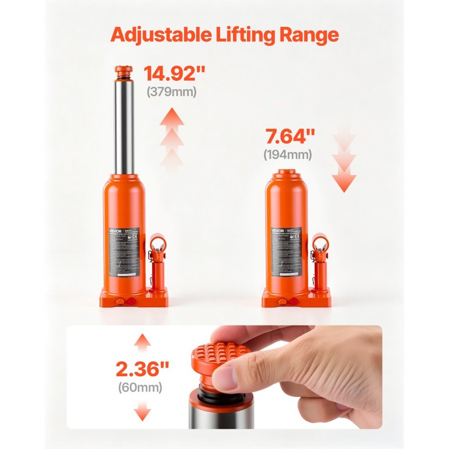 VEVOR Hydraulic Bottle Jack 4 Ton (8818.5 lbs) 194-379 mm Lifting Range, for Midsize Sedan, Midsize SUV, Van, Auto Repair & House Lift, Multi-Directional Welded Jack with Carrying Case & Long Handle