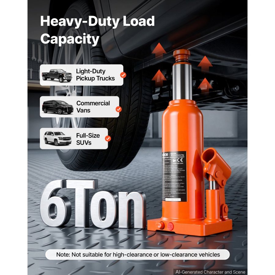 VEVOR Hydraulic Bottle Jack 6 Ton (13227.7 lbs) 220-430 mm Lifting Range, for Full-Size SUV, Light-Duty Pickup, Commercial Van, Auto Repair House Lift, Multi-Directional Welded Jack with Long Handle