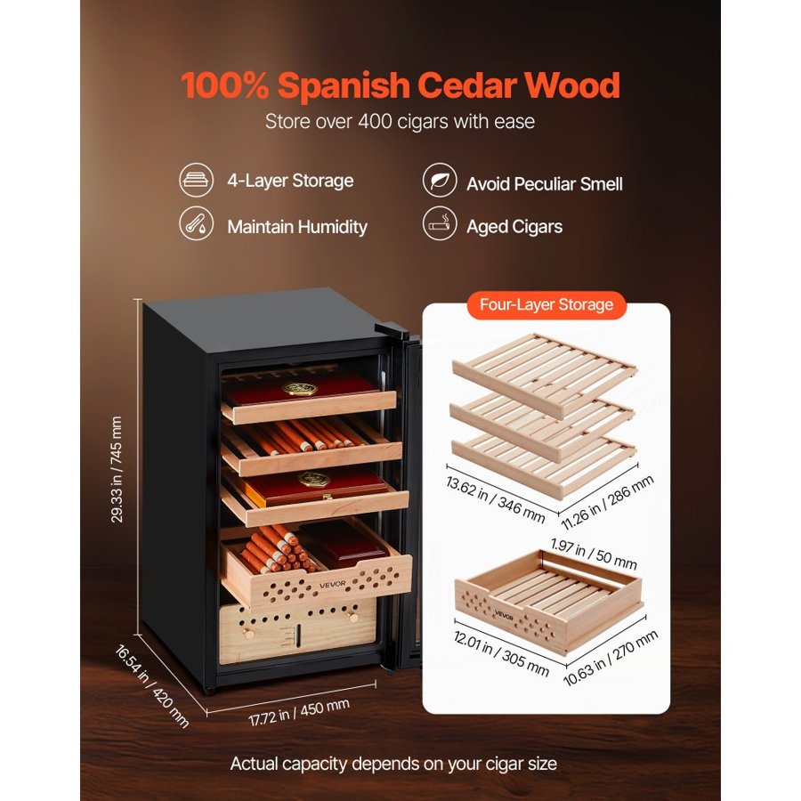 VEVOR Electric Humidor, 70L, 400 Counts Electric Cigar Humidor Cabinet with Compressor Cooling, Constant Humidity & Temperature Control, Spanish Cedar Wood Shelves & Drawers, 4 Layers, for Household