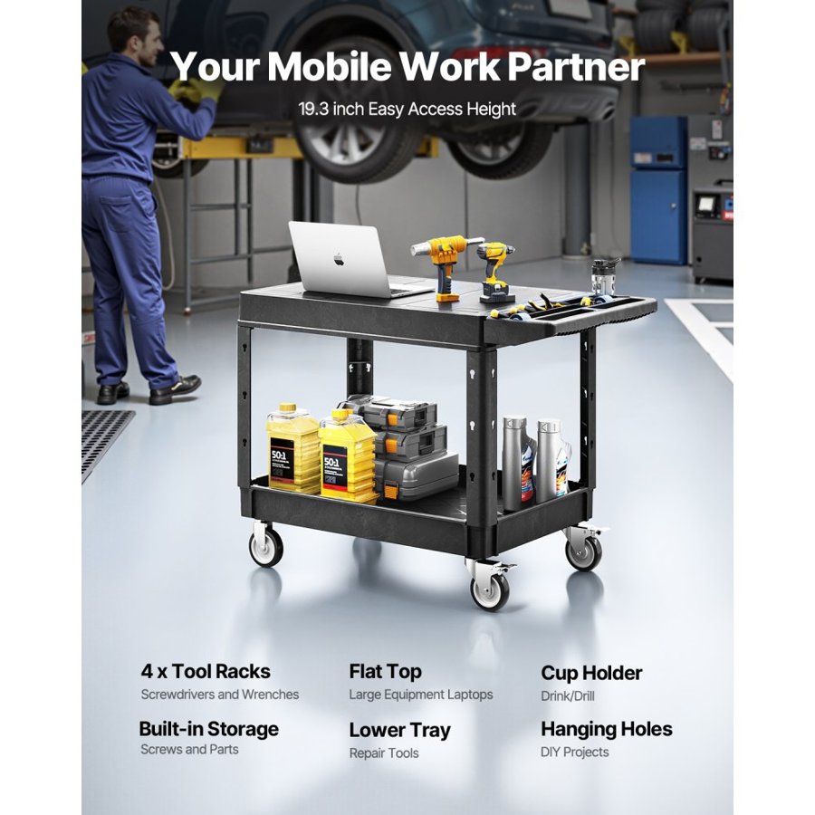 VEVOR Two Shelf Cart – 550 Lbs, 37 X 25.4 Inch, 2-Tier