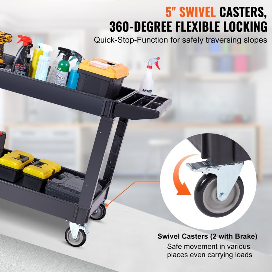 VEVOR Utility Service Cart, 2 Shelf 249.5 kg Heavy Duty Plastic Rolling Utility Cart with 360° Swivel Wheels (2 with Brakes), Large Lipped Shelf, Ergonomic Storage Handle for Warehouse/Garage/Cleaning