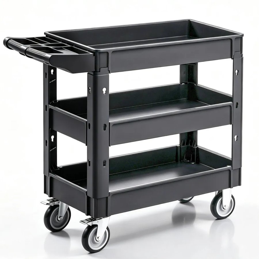 VEVOR Utility Service Cart, 550 LBS Laod Capacity, 3 Shelf Heavy Duty Plastic Rolling Utility Cart with 360° Swivel Wheels (2 with Brakes), Ergonomic Storage Handle for Warehouse/Garage/Cleaning