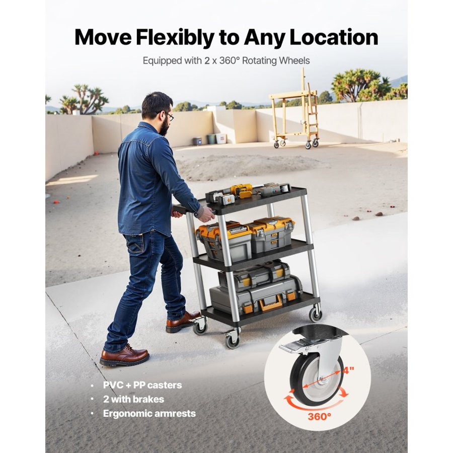 VEVOR 3 Shelf Plastic Utility Cart – 300 Lb, 27.6"