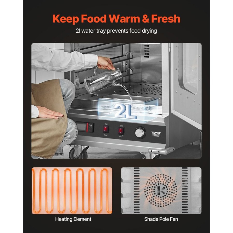 VEVOR Hot Box Food Warmer, 16-Tier Large Concession Warmer with Water Tray, Glass Single-door and Adjustable Shelves, Stainless Steel Food Warmer Cabinet, Ideal for Storing Pizza, Chicken, Restaurant