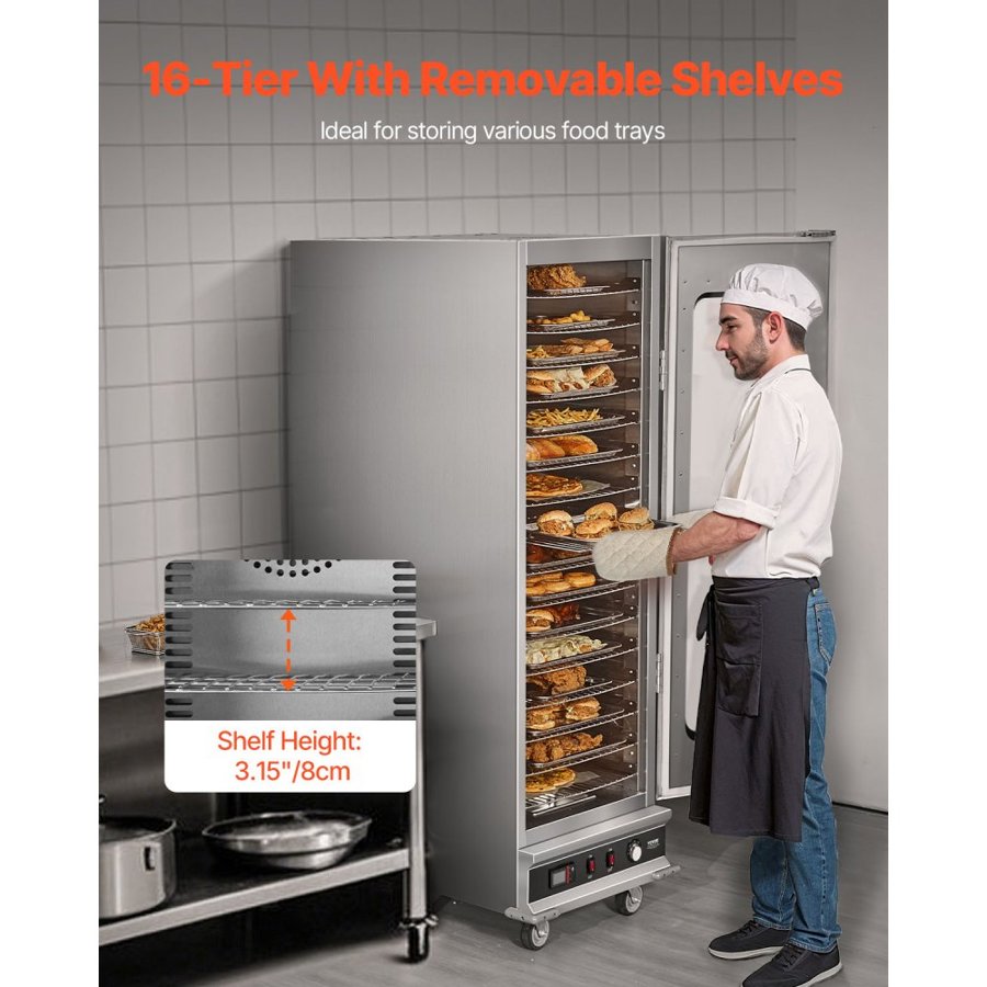 VEVOR Hot Box Food Warmer, 16-Tier Large Concession Warmer with Water Tray, Glass Single-door and Adjustable Shelves, Stainless Steel Food Warmer Cabinet, Ideal for Storing Pizza, Chicken, Restaurant